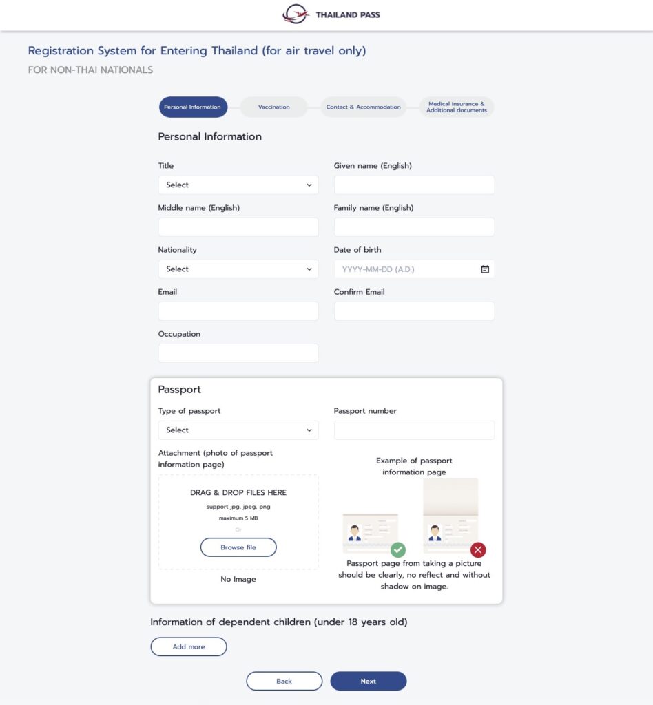 Thailand Pass Registration System Personal Information Page