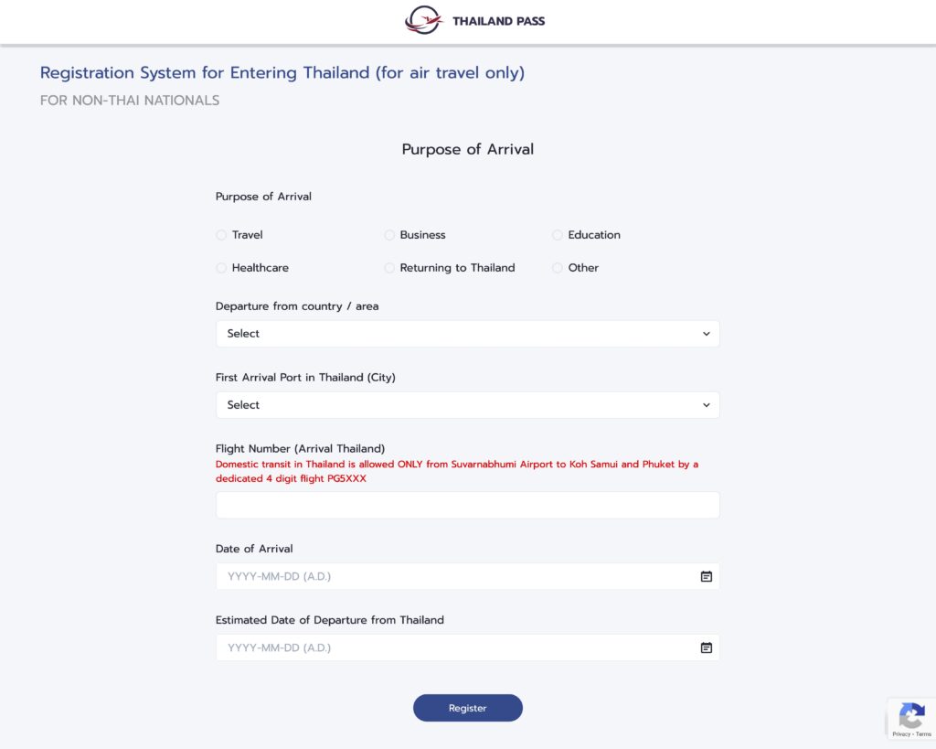 Thailand Pass Registration System Purpose of Arrival