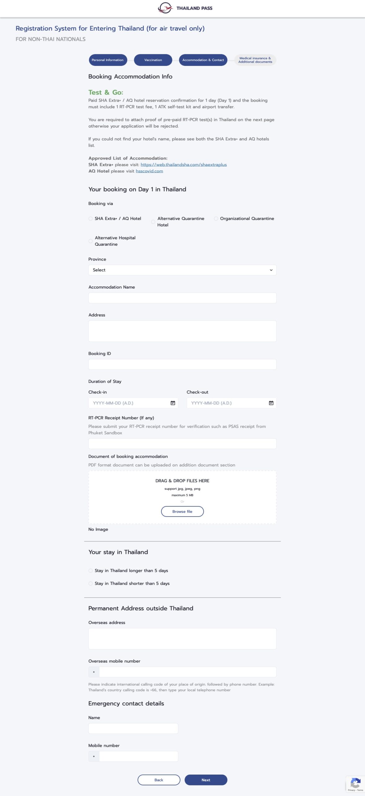 Thailand Pass Registration System for Test and Go Accomodation Booking