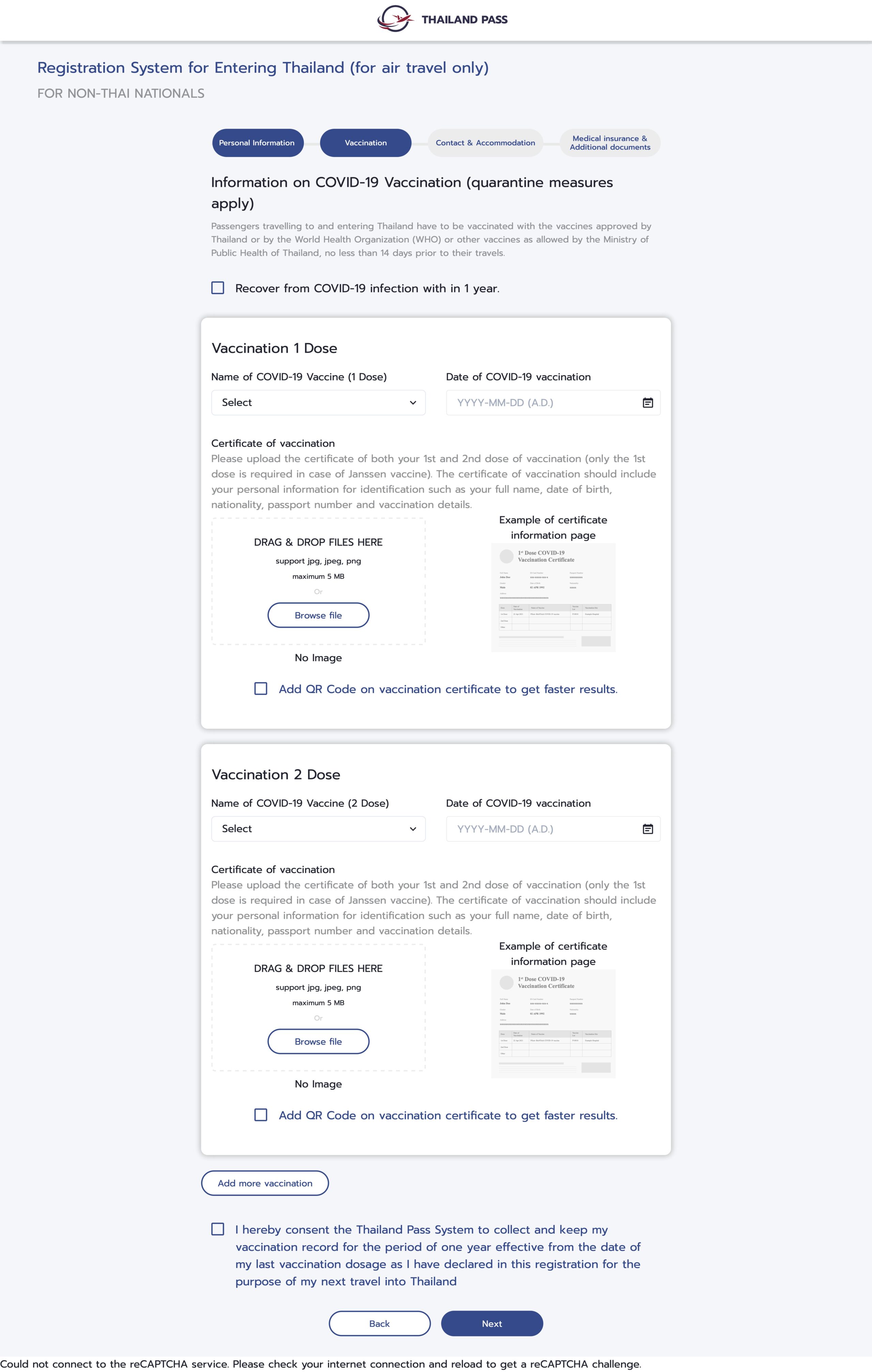 Thailand Pass Registration System vaccine information page